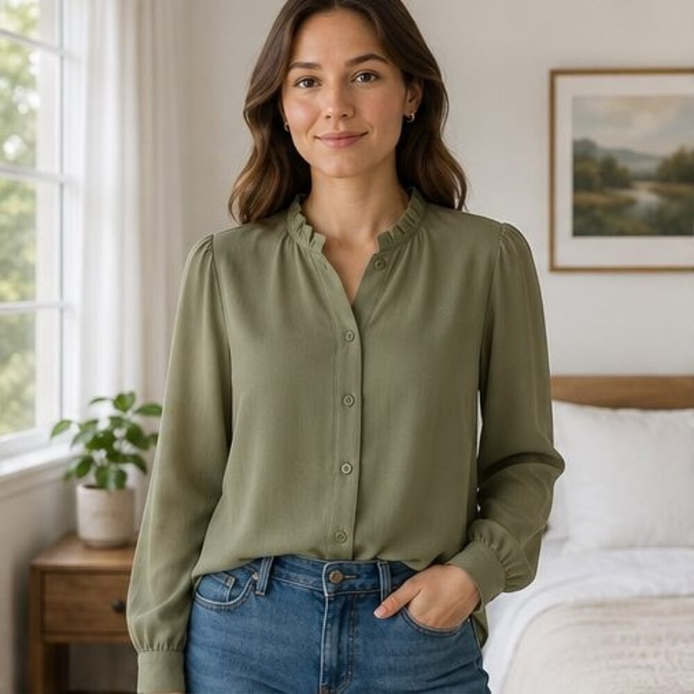 Olive Ruffle Collar Blouse - Picture 2 of 6
